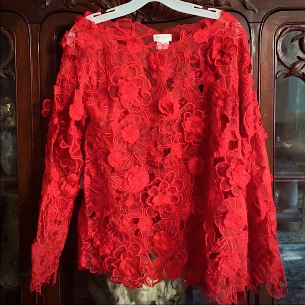 Dries Van Noten Red Floral Applique on Silk with Bateau Neckline Top
